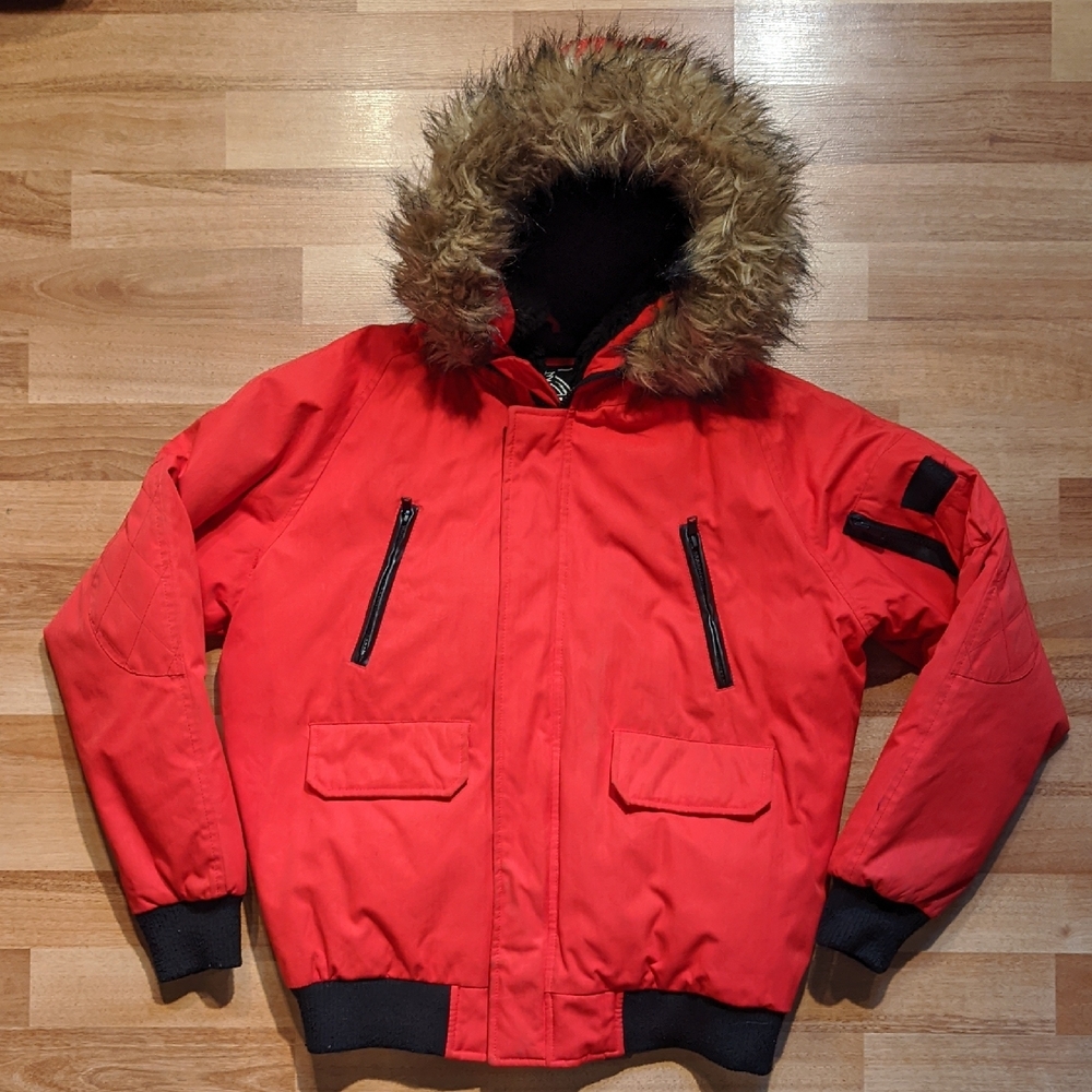 Girls Red Faux Fur Trimmed Hooded Down Bomber Jacket